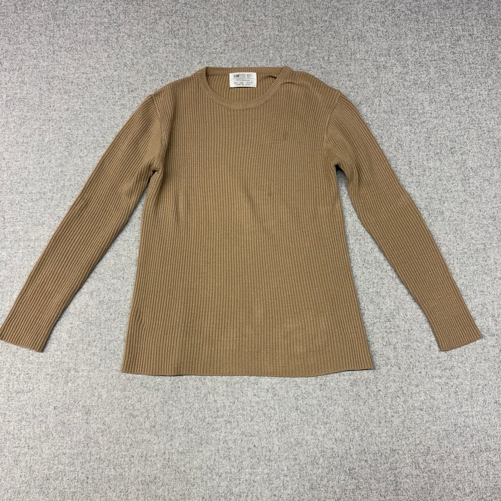 HW Ribbed Knit Sweater Size S Tan Brown Long Sleeve Crew Neck Acrylic Pullover